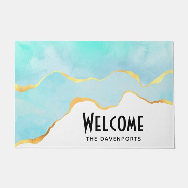 Tranquil Tropical Green Blue with Gold Border Doormat (Front)