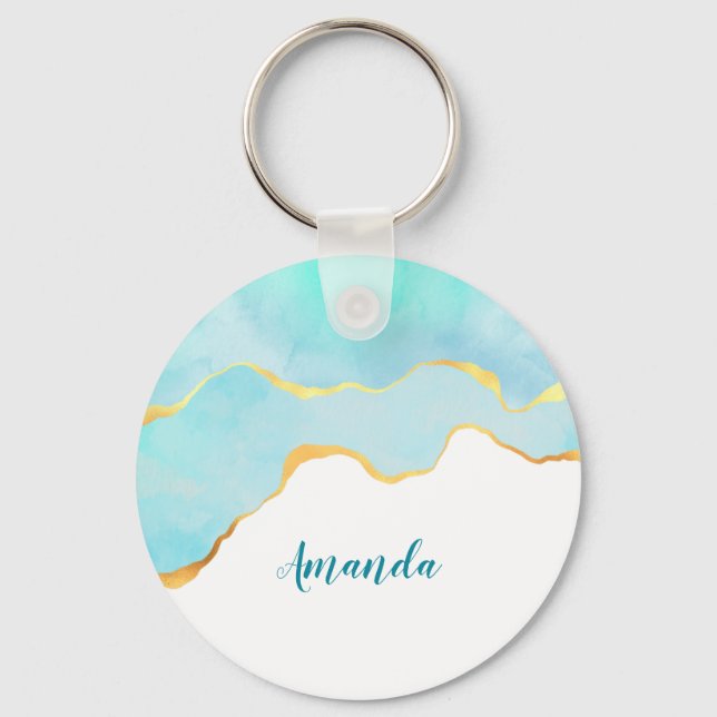 Tranquil Tropical Green Blue with Gold Border Key Ring (Front)