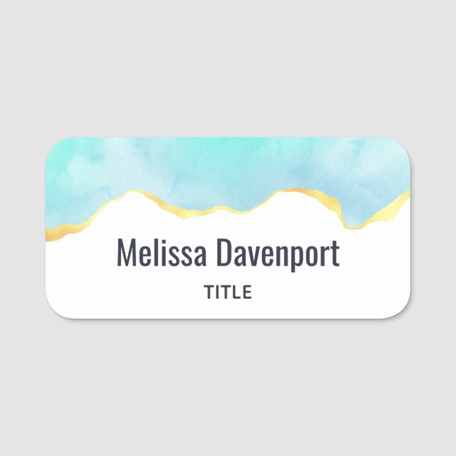 Tranquil Tropical Green Blue with Gold Border Name Tag (Front)