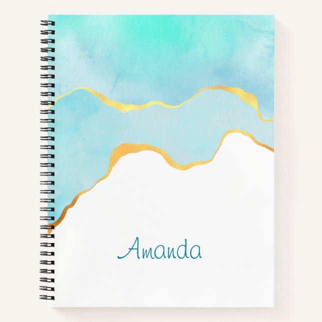 Tranquil Tropical Green Blue with Gold Border Notebook (Front)