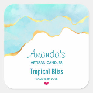 Tranquil Tropical Green & Gold Border Candle Biz Square Sticker