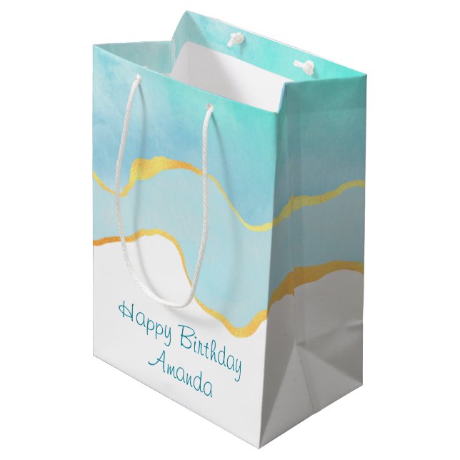 Tranquil Tropical Green with Gold Border Birthday Medium Gift Bag (Front Angled)