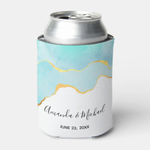 Tranquil Tropical Green with Gold Border Wedding Can Cooler