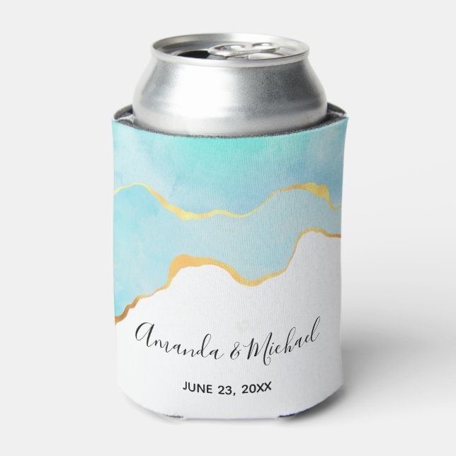 Tranquil Tropical Green with Gold Border Wedding Can Cooler (Can Front)