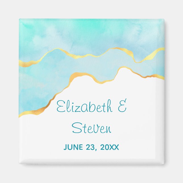 Tranquil Tropical Green with Gold Border Wedding Magnet (Front)