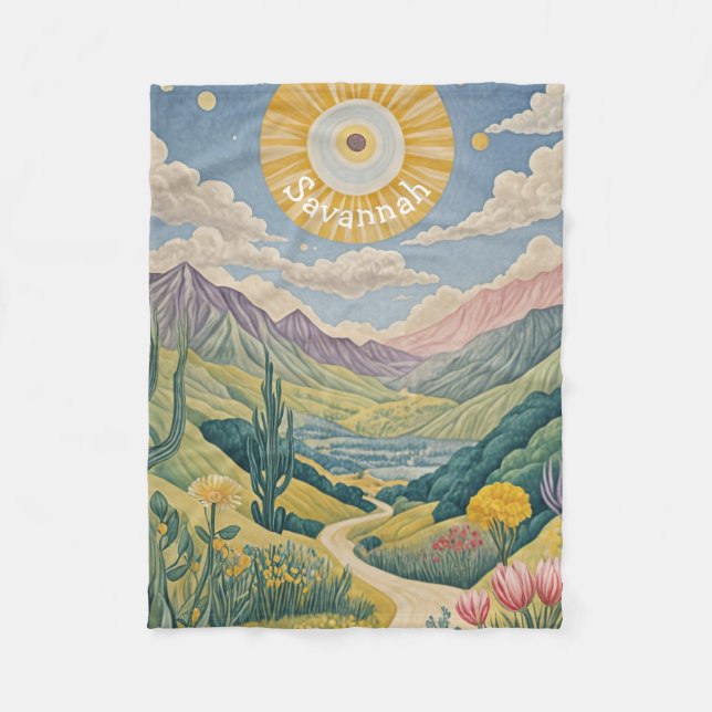 Tranquil Valley: Pastel Landscape Fleece Blanket (Front)