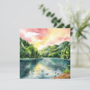 Tranquil Watercolor Mountain River Sunrise 