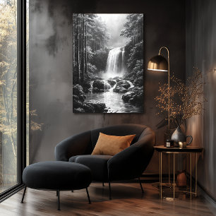 Tranquil Waterfall in Forest - Charcoal Art Poster