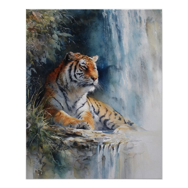 Tranquil Waterfall Tiger Misty Cliff Art Poster (Front)