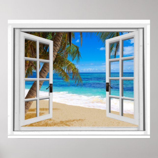Tranquil  Window View Palm Trees Beach Poster (Front)