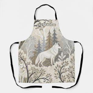 Tranquil Winter Forest Scene with White Wolves Apron