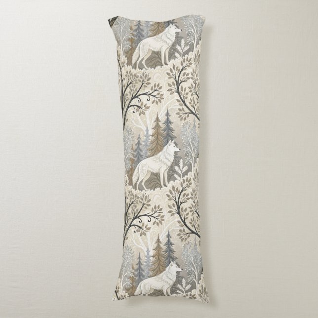 Tranquil Winter Forest Scene with White Wolves Body Cushion (Front Vertical)