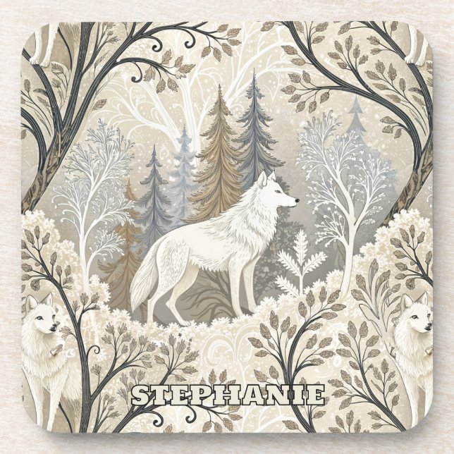 Tranquil Winter Forest Scene with White Wolves Coaster (Front)