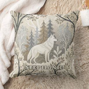 Tranquil Winter Forest Scene with White Wolves Cushion