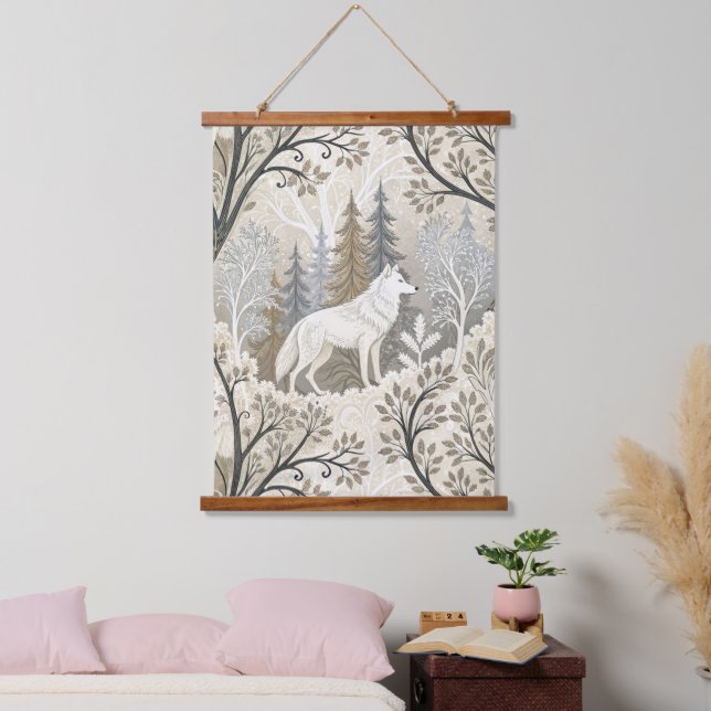 Tranquil Winter Forest Scene with White Wolves Hanging Tapestry (Bedroom)