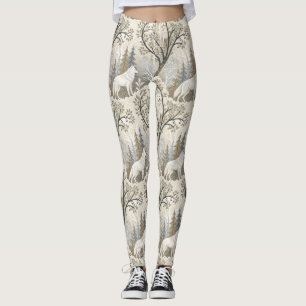 Tranquil Winter Forest Scene with White Wolves Leggings