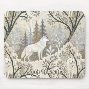 Tranquil Winter Forest Scene with White Wolves Mouse Pad