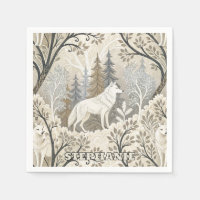 Tranquil Winter Forest Scene with White Wolves