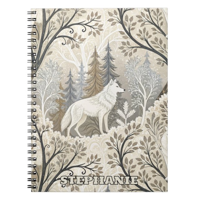 Tranquil Winter Forest Scene with White Wolves Notebook (Front)