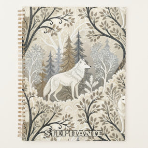 Tranquil Winter Forest Scene with White Wolves Planner