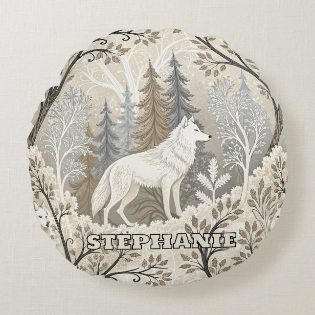 Tranquil Winter Forest Scene with White Wolves Round Cushion (Front)