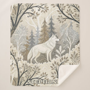 Tranquil Winter Forest Scene with White Wolves Sherpa Blanket