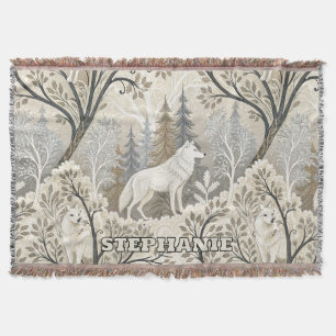 Tranquil Winter Forest Scene with White Wolves Throw Blanket