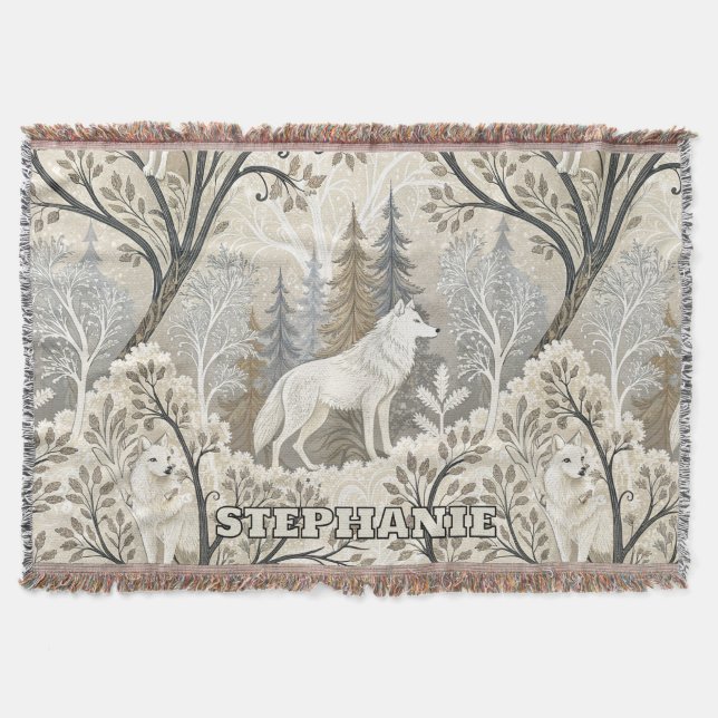 Tranquil Winter Forest Scene with White Wolves Throw Blanket (Front)
