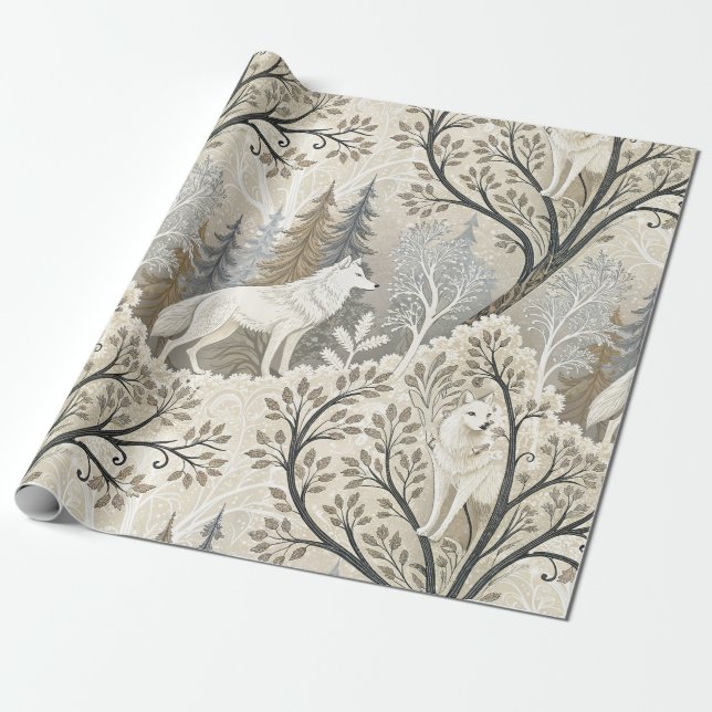 Tranquil Winter Forest Scene with White Wolves Wrapping Paper (Unrolled)