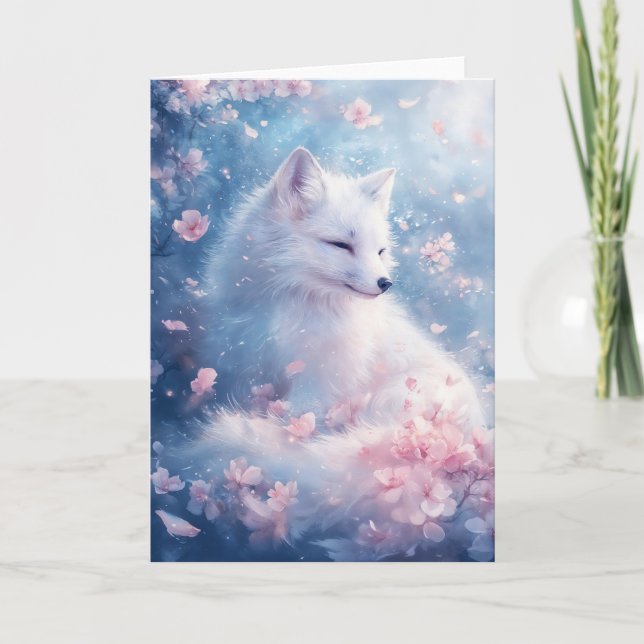 Tranquil Winter Fox Amid Falling Petals Card (Front)