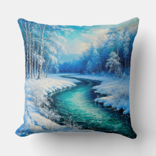 Tranquil Winter Landscape with a Frozen River Cushion