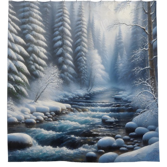 “Tranquil Winter River Scene” Shower Curtain (Front)