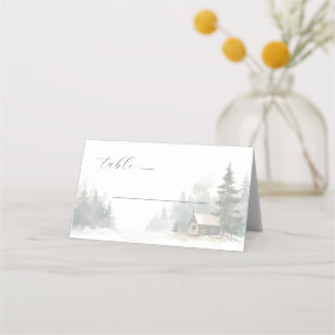 Tranquil Winter Watercolor Cabin Scene Place Card
