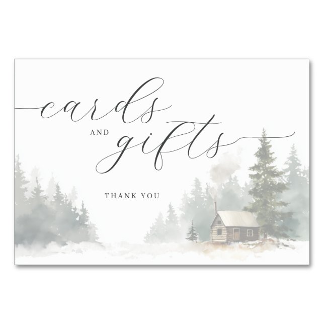 Tranquil Winter Watercolor Cabin Scene Table Number (Front)