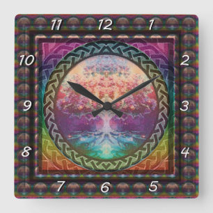 Tranquillity Tree of Life in Rainbow Colours Square Wall Clock