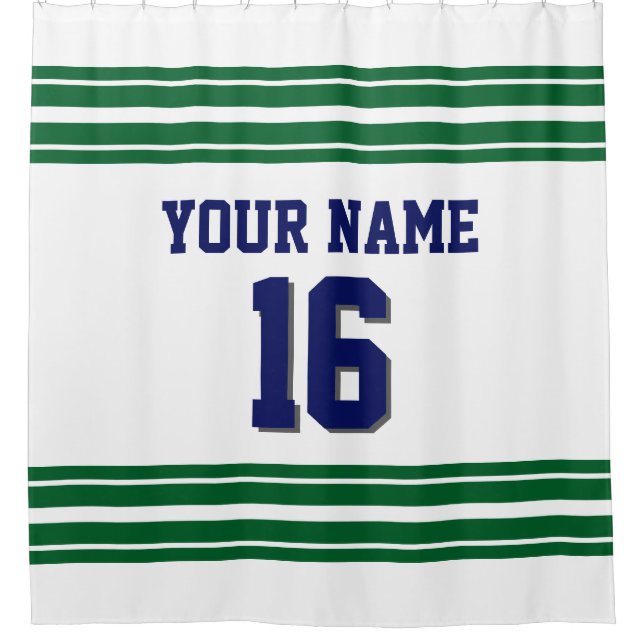 TRANS 2X Forest Green Stripes navy text Shower Curtain (Front)