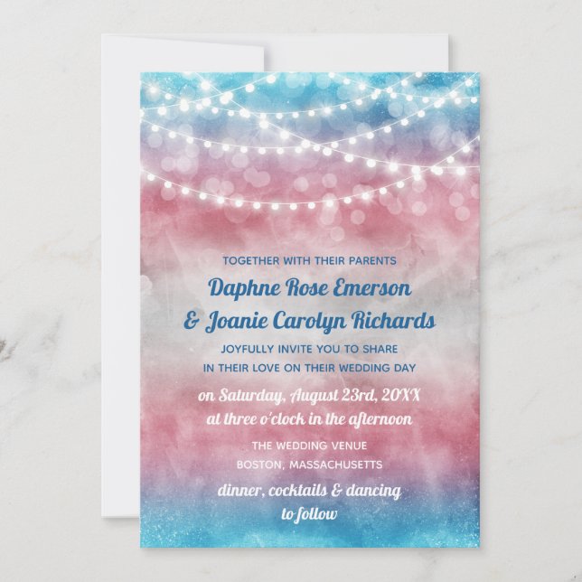 Trans Flag Ombre String Lights Wedding Invitation (Front)