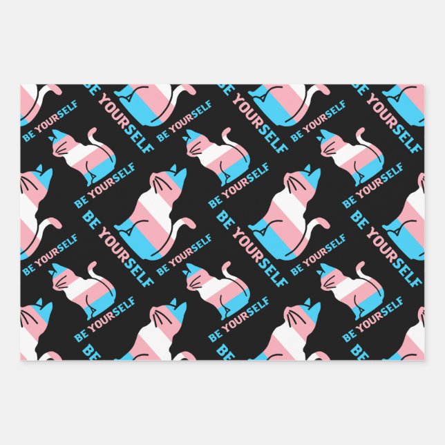 Trans Pride Cat - Be Yourself Wrapping Paper Sheet (Front)