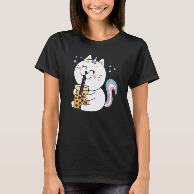 Trans Pride Cat Drinking Boba Tea Bubble Tea Graph T-Shirt (Front)
