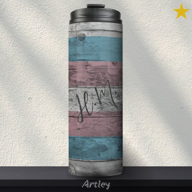 Trans Pride Flag LGBT Wood Grain Custom Name Thermal Tumbler (Creator Uploaded)