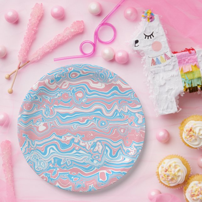 Trans Pride Flag Trippy Boho Groovy Wavy Stripes Paper Plate (Party)