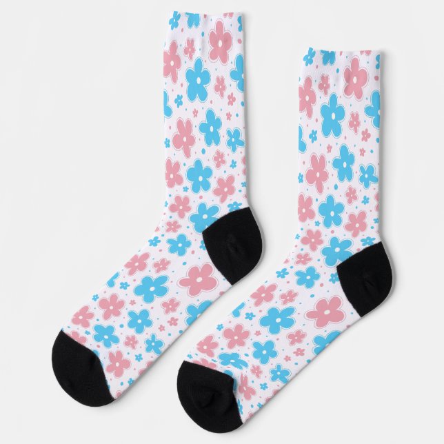 Trans Transgender Pride Flag Flowers Doodle Pastel Socks (Left)