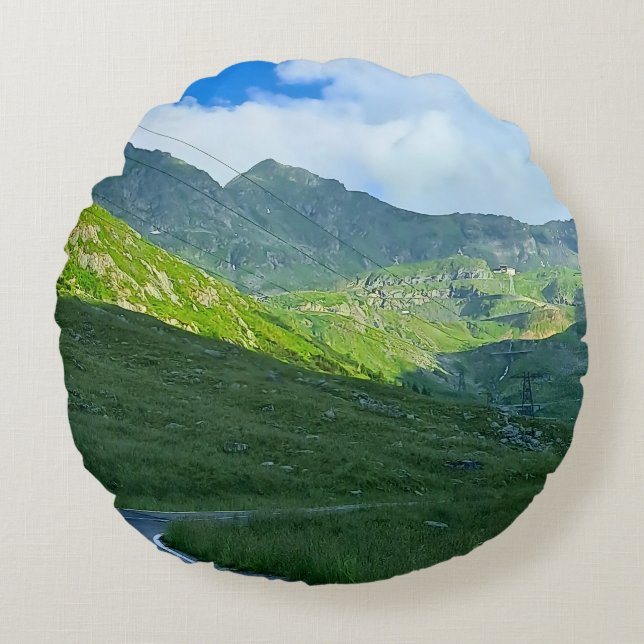 Transfagarasan Alpine View – Romania Mountain Art Round Cushion (Front)