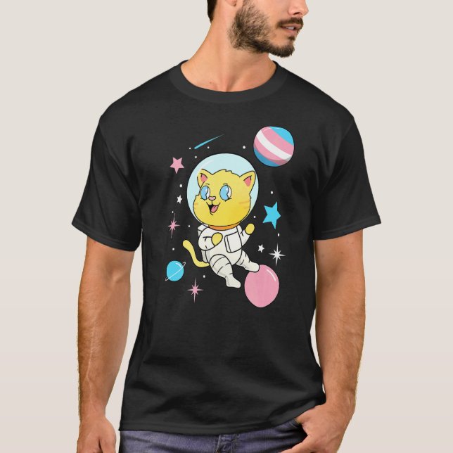 Transgender Cat In Space Trans Pride T-Shirt (Front)