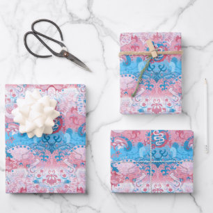 Transgender Dragon Damask - Trans Pride Flag Color Wrapping Paper Sheet