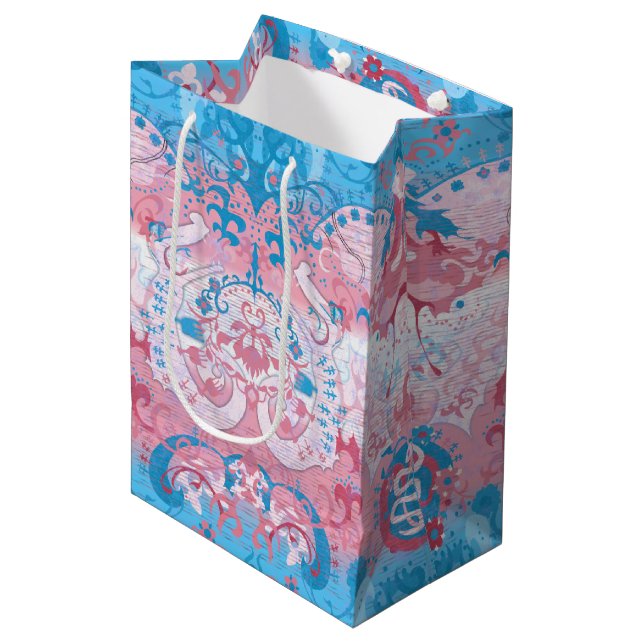 Transgender Dragon Damask - Trans Pride Flag Colou Medium Gift Bag (Front Angled)