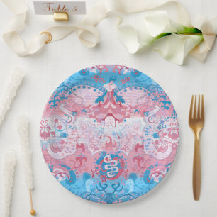 Transgender Dragon Damask - Trans Pride Flag Colou Paper Plate