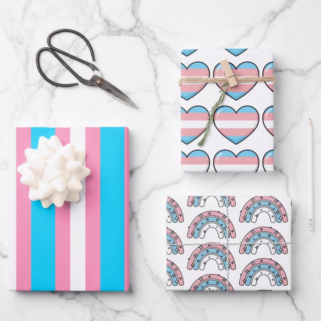  Transgender Hearts, Rainbows and Flag Birthday Wrapping Paper Sheet (Front)