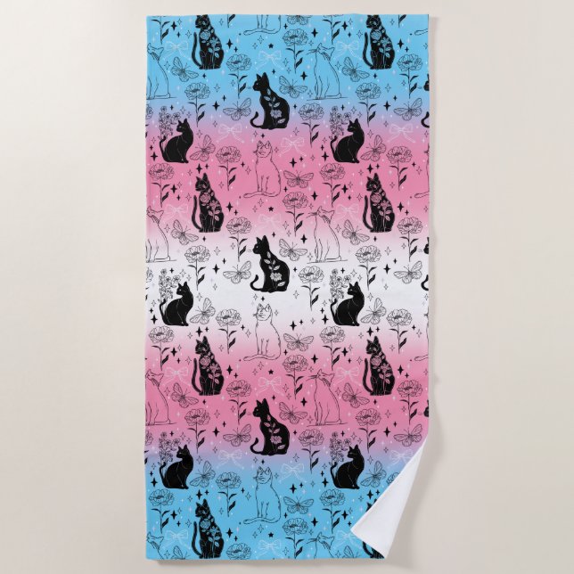 Transgender Pride Black Cat - Mystical Witchy Beach Towel (Front)