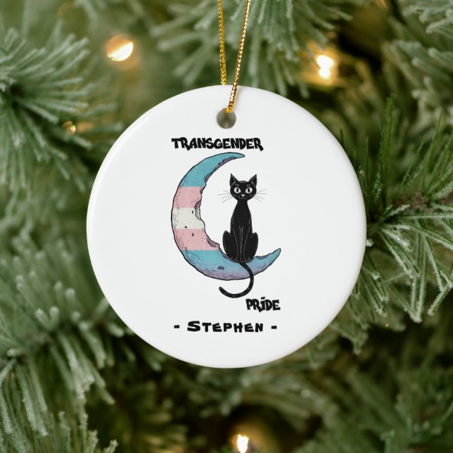Transgender Pride – Black Cat on Trans Flag Moon Ceramic Ornament (Tree)